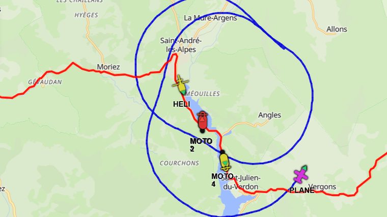 TS-D Live map view showing a plane, helicopter and motorbikes tracked along a route