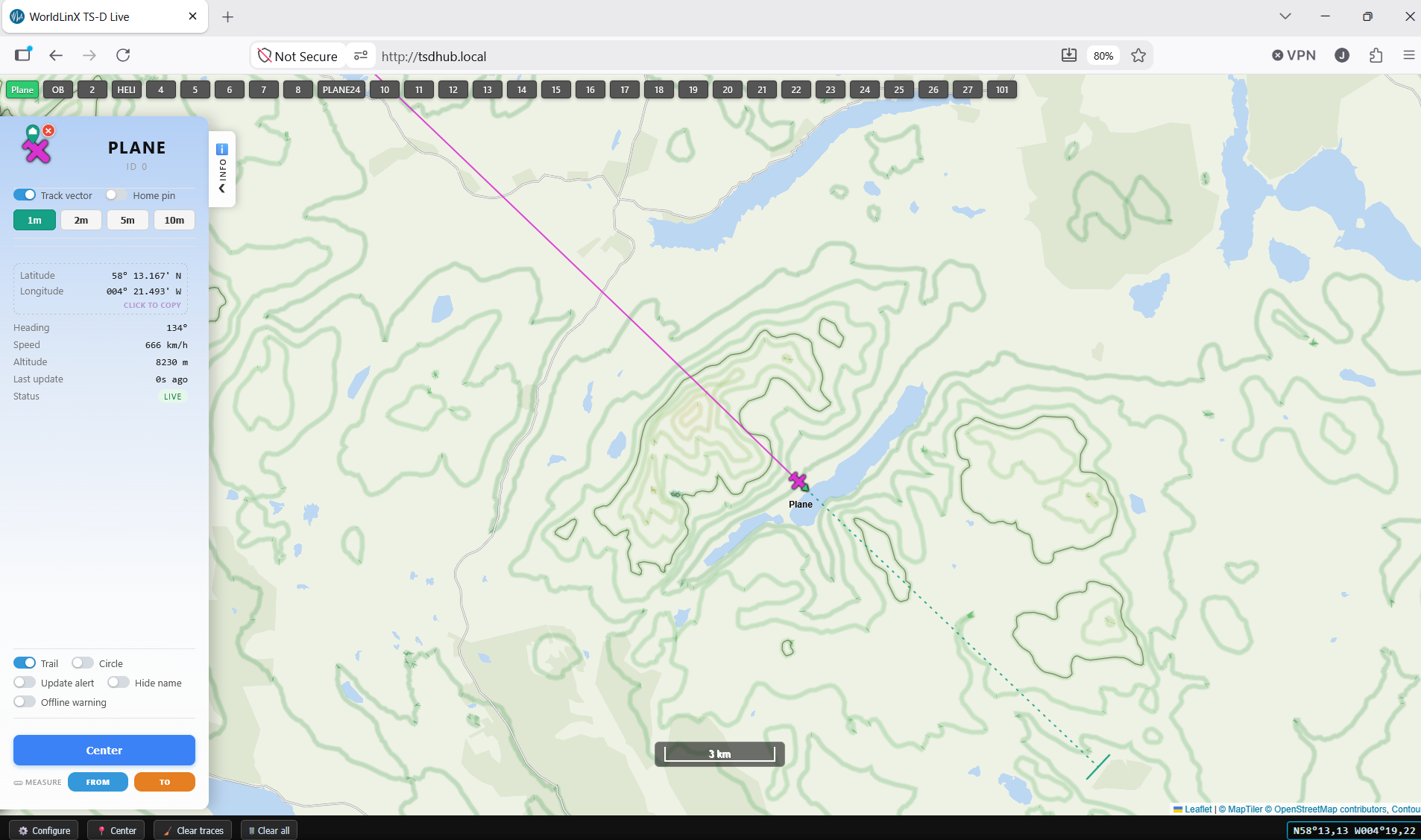 TS-D Live map view showing a plane